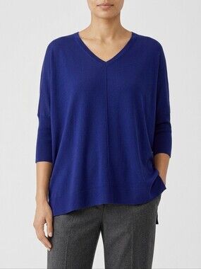 Eileen Fisher Merino Wool Sweater V Neck Boxy Oversized Blue S